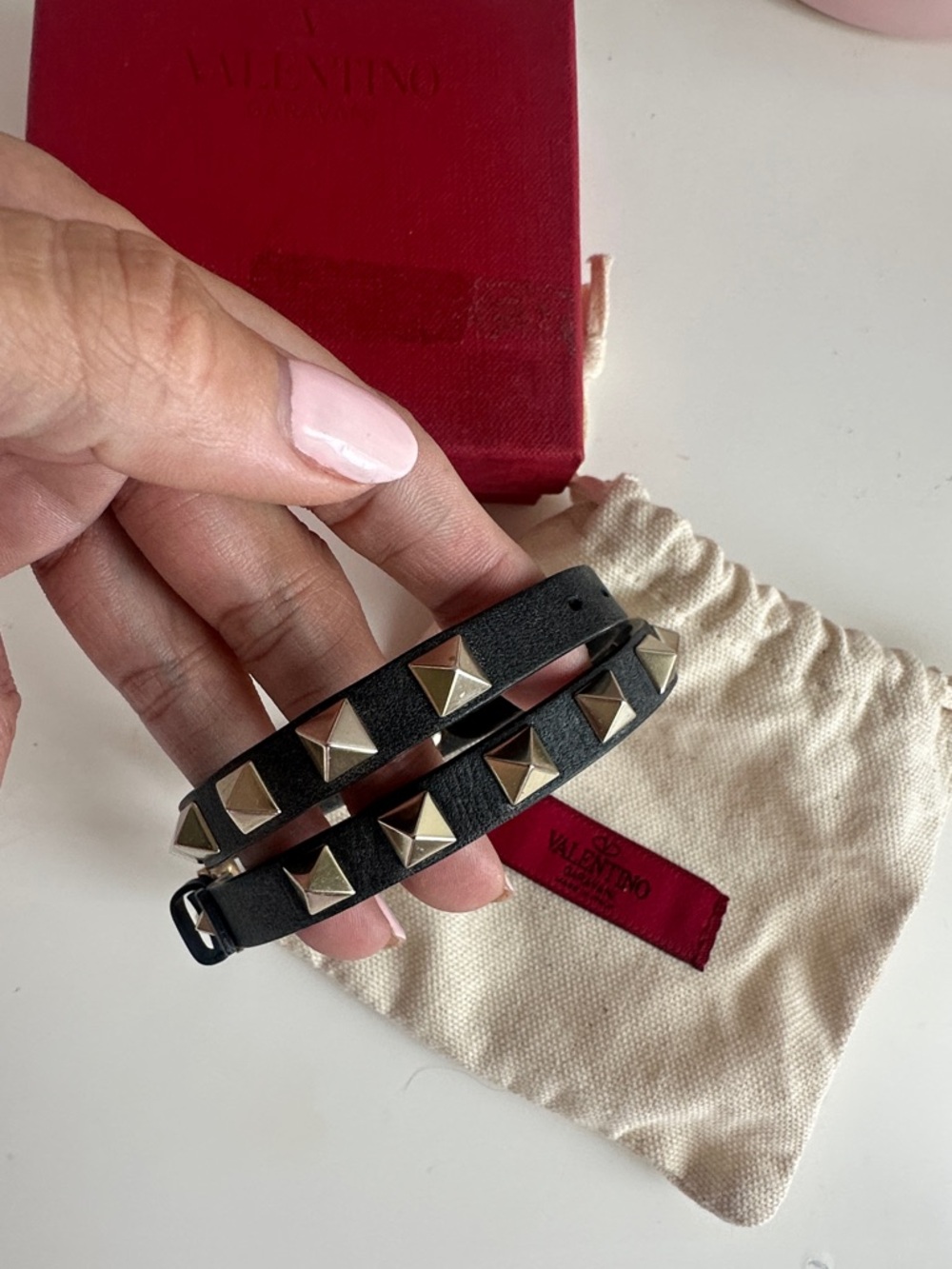 Valentino Garavani Black Leather Double Wrap Bracelet with gold Studs
